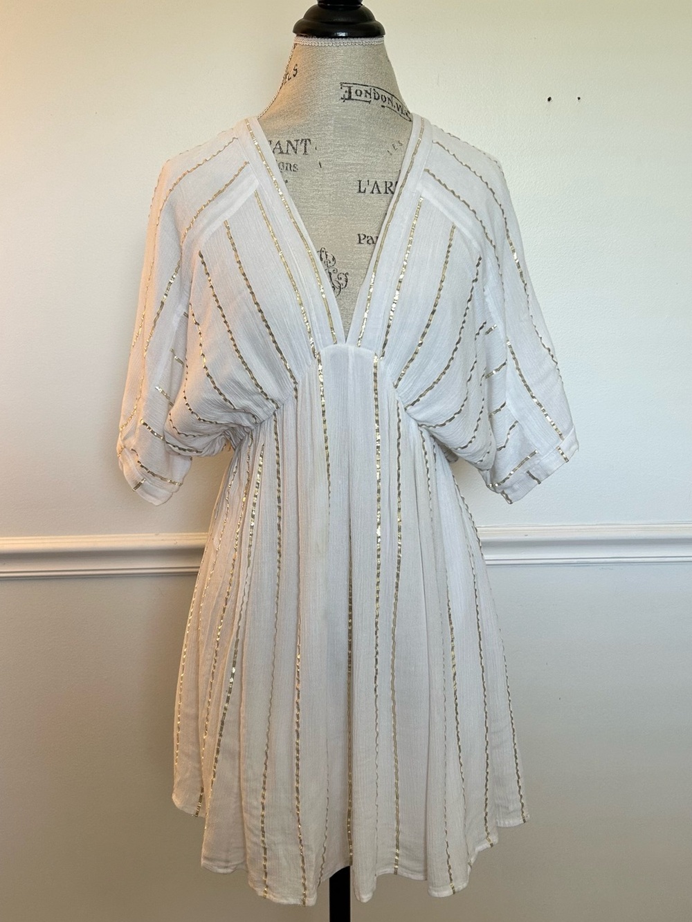 White Gauzy Cotton Coverup with Metallic Gold Stripe